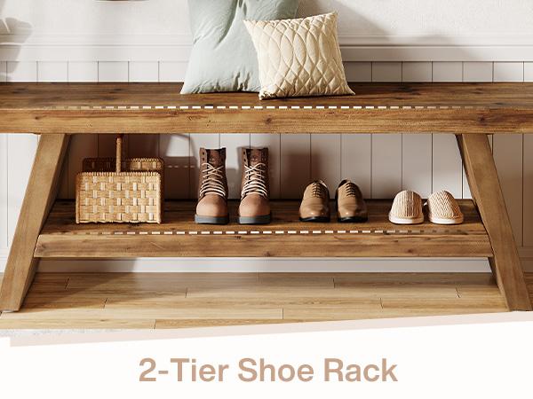 LITTLE TREE 2-Tier Entryway Bench, Hallway Foyer Solid Wood Seating with Open Shelves, Wooden Shoe Bench Indoor for Entryway, Living Room, Bedroom