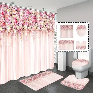 [Popular Choice]1pc/4pcs, bathroom curtains shower, bathroom set, shower curtains, bathroom rug, home decoration, bathroom mat, pink flower pattern, romantic theme decoration, bathroom set, with 12 hooks.