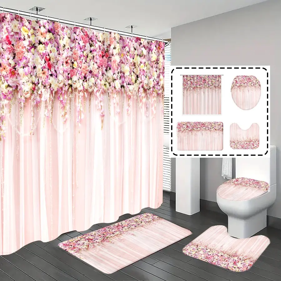 1pc/4pcs, bathroom curtains shower, bathroom set, shower curtains, Aesthetic Shower Curtain, bathroom rug, home decoration, Bathroom Decoration Accessories, bathroom mat, pink flower pattern, romantic theme decoration, with 12 hooks, Shower Curtain Sets