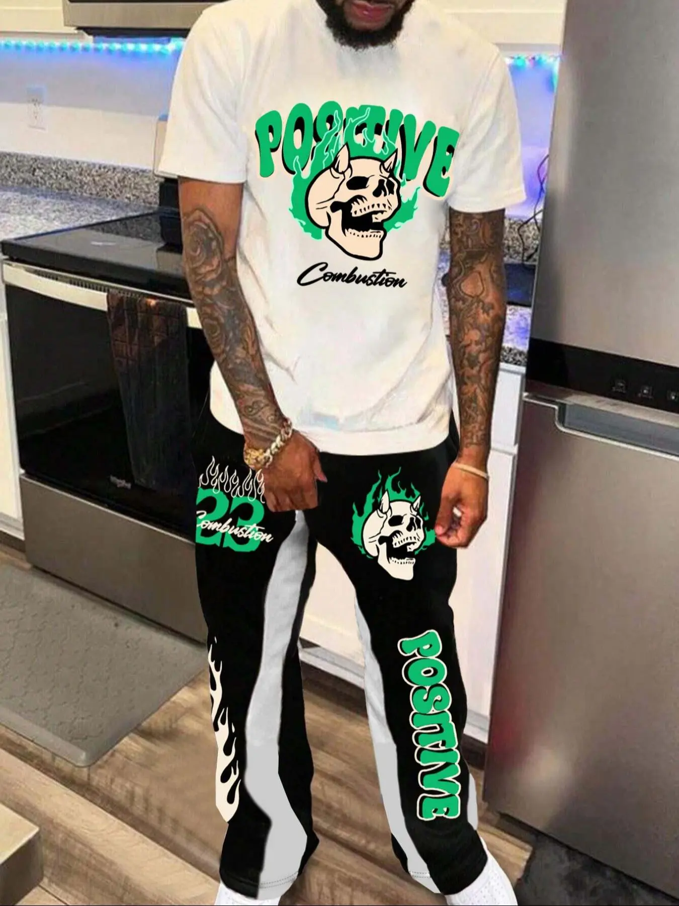 Men's Skull Print Short Sleeve Tee & Drawstring Waist Flare Leg Pants Set, Regular Fit Casual Letter Print Round Neck T-shirt & Pocket Trousers, Men's Summer Clothes, Summer Outfits Set, Clothing Sets, Menswear