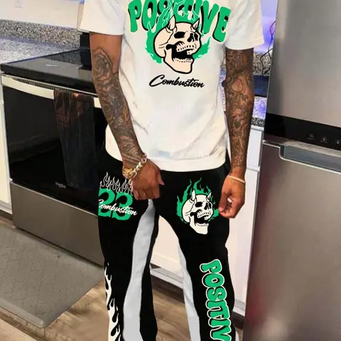 Men's Skull Print Short Sleeve Tee & Drawstring Waist Flare Leg Pants Set, Regular Fit Casual Letter Print Round Neck T-shirt & Pocket Trousers, Men's Summer Clothes, Summer Outfits Set, Clothing Sets, Menswear