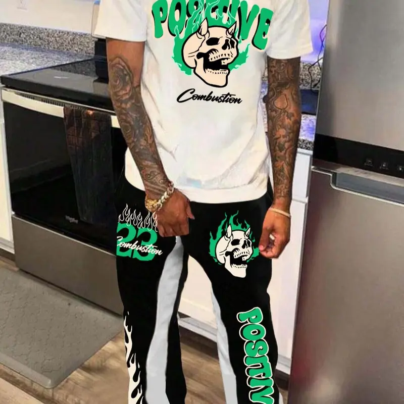 Men's Skull Print Short Sleeve Tee & Drawstring Waist Flare Leg Pants Set, Regular Fit Casual Letter Print Round Neck T-shirt & Pocket Trousers, Men's Summer Clothes, Summer Outfits Set, Clothing Sets, Menswear