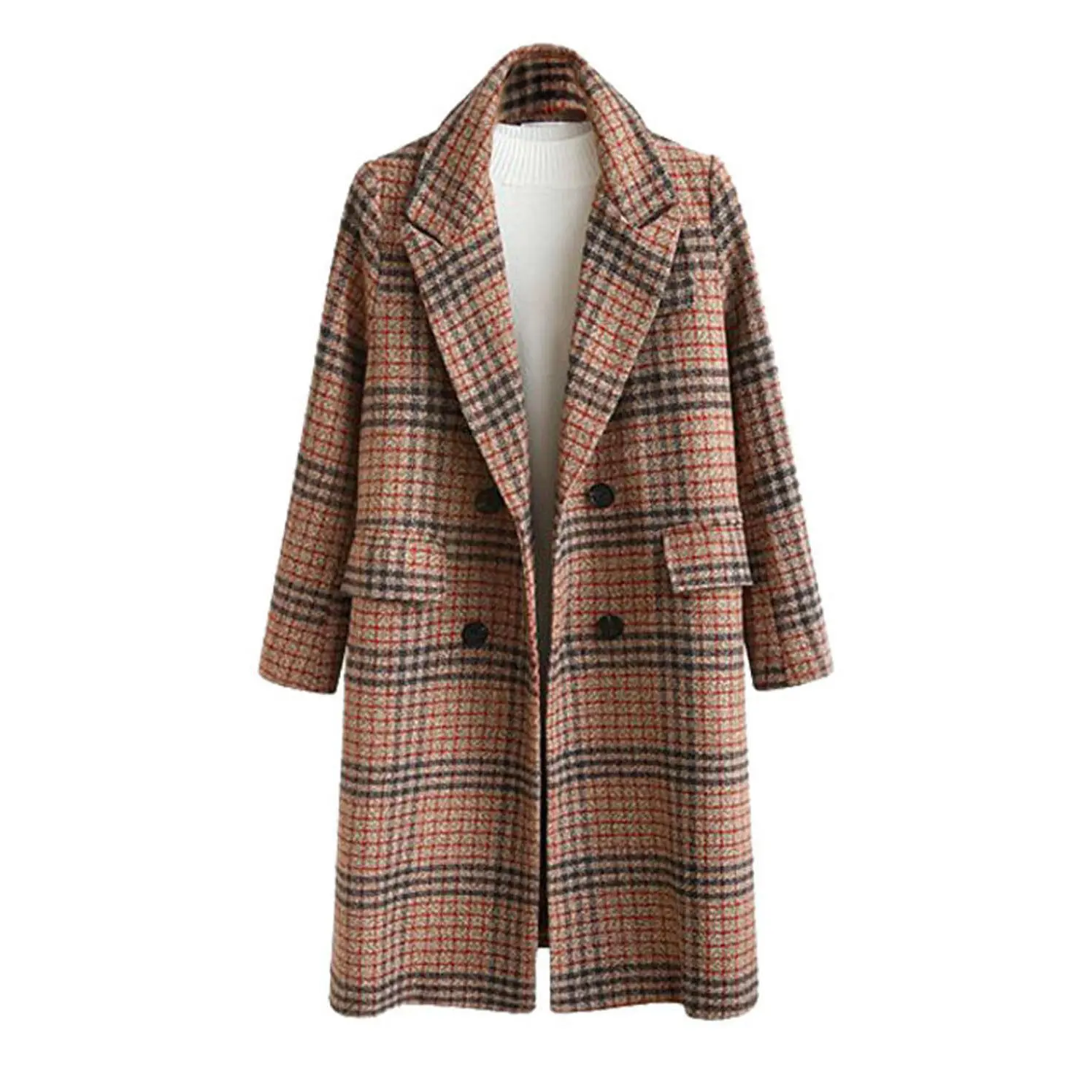 CHARTOU Women's Winter Oversize Lapel Collar Woolen Plaid Double Breasted Long Peacoat Jacket