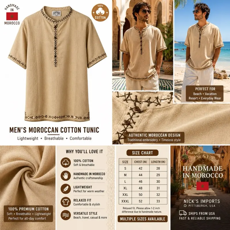 Nick's Imports Men's Moroccan Cotton Tunic - Authentic Design, Lightweight & Breathable, Handmade in Morocco, Perfect for Beach & Everyday Wear