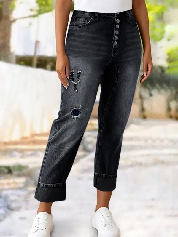 Women's Black Denim Bottom Pants with Button Detailing, Ripped Design, Casual Style, Comfortable Fit, Perfect for Lady's Everyday Wear