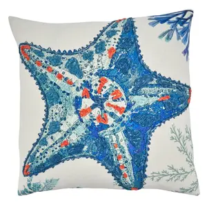 SARO  20 in. Square Down-Filled Throw Pillow with Starfish Design
