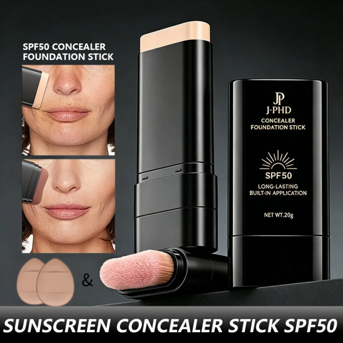 Waterproof UV Sunscreen Concealer Foundation Stick, Long-Lasting Coverage, Ideal for All Skin Types, Includes 2 Finger Pads, Easy to Carry, Moisturizing Concealer Stick, Foundation Concealer Cosmetic