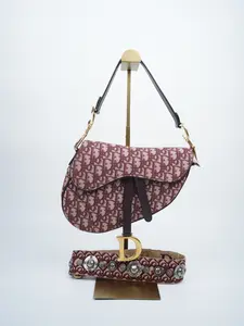 Pre-owned Dior canvas Shoulder Bags Christian Oblique Saddle Bag Burgundy With Strap