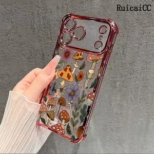Cartoon Forest Mushroom Pattern Four Corner Anti-Fall Phone Case Transparent Electroplated Protective Cover for iPhone 17 Pro Max 16 Air 15 Plus 14 13 12 11 Samsung Galaxy S26 S25 S24 S23 S22 FE Plus Ultra