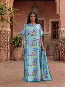 Women's High-End Geometric Print Plus Size Robe Headscarf Set, Casual Fitted Two-Piece, Perfect for All Seasons