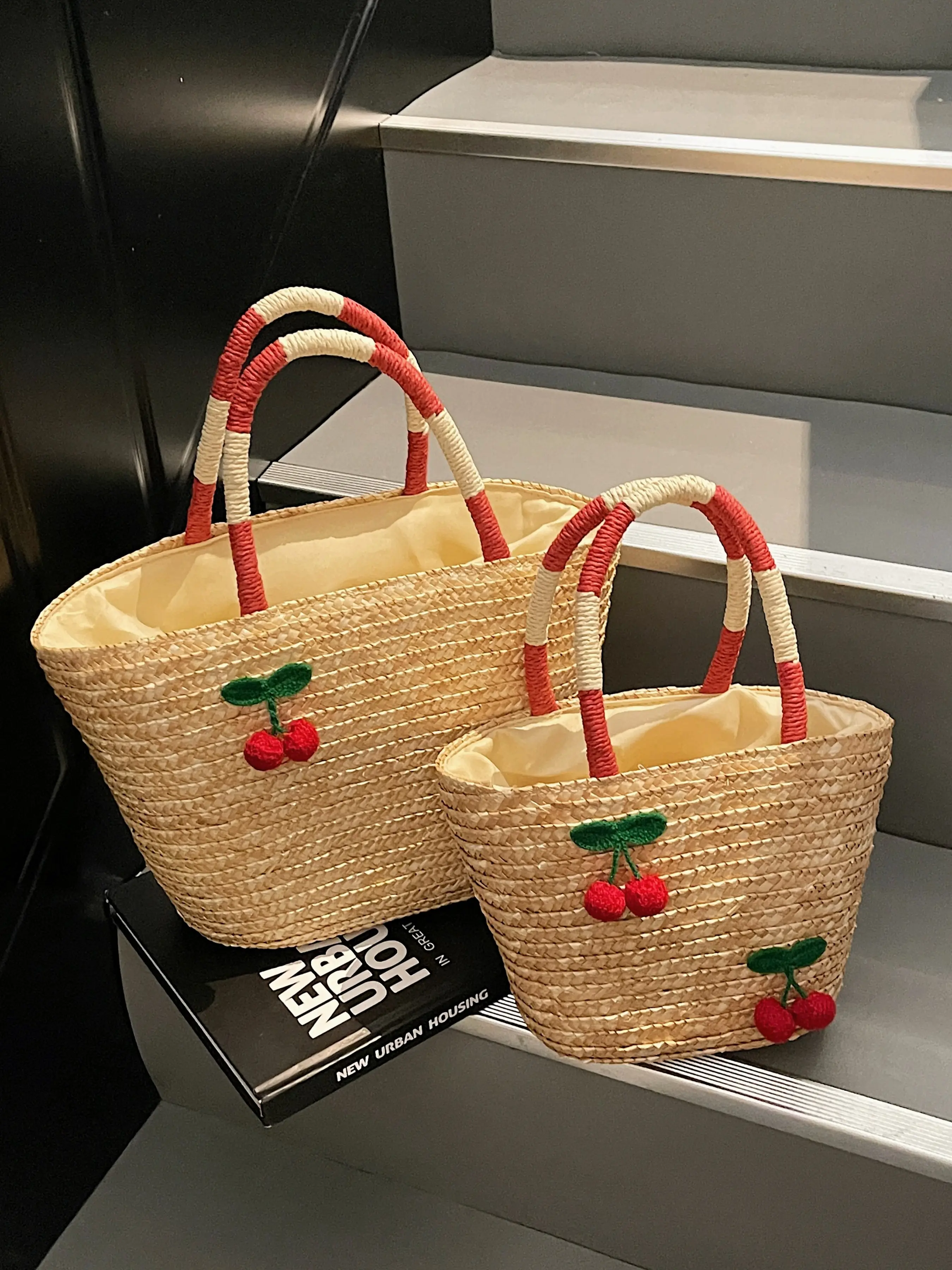 2026 New French Country Style Cherry Woven Bag, Beach Sand Woven Basket, Picnic Basket, Large Capacity Handheld Vegetable Bucket Bag, Picnic Essentials