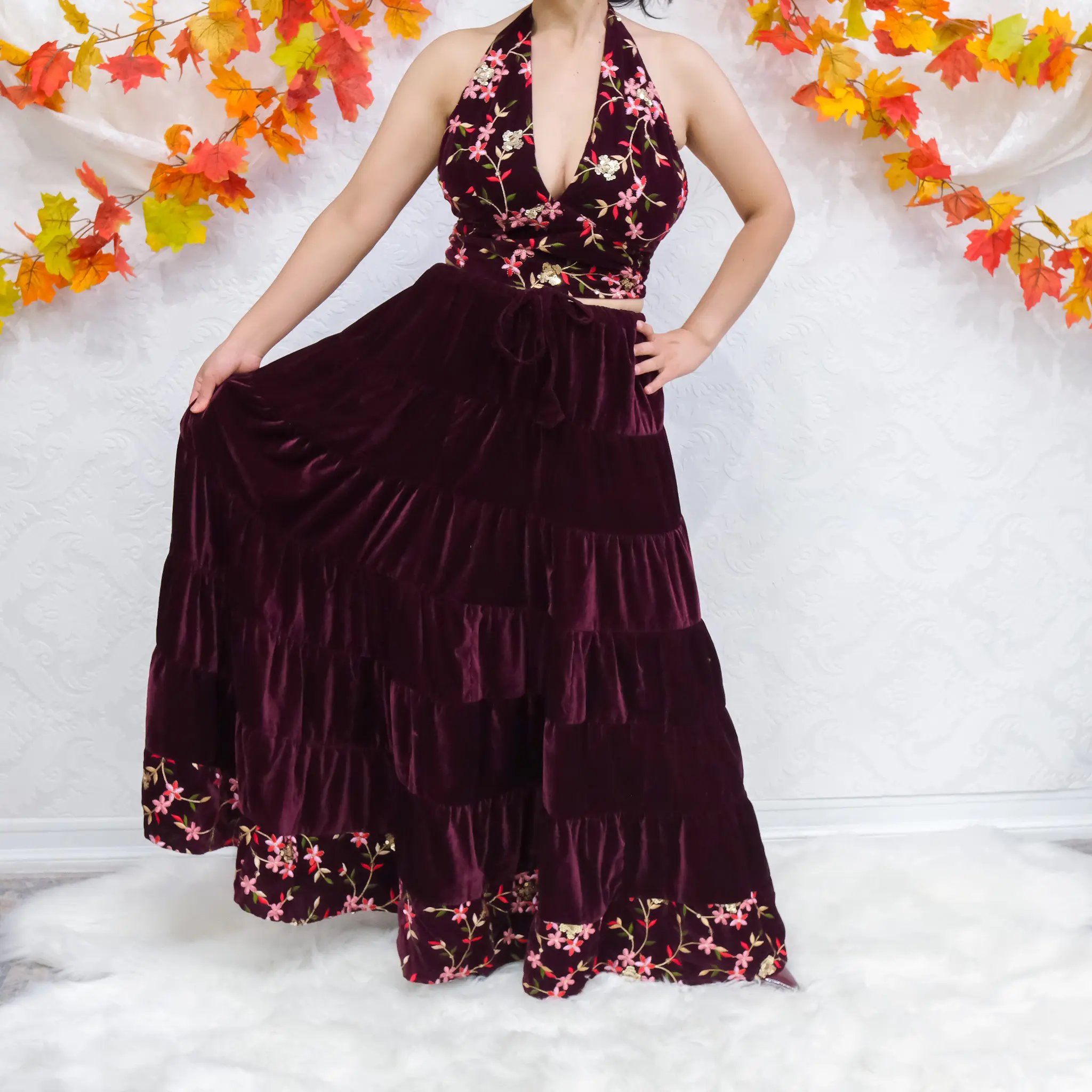 Flowy Velvet Skirt with Hand Embroidery Halter Top, Bohemian Long Hippie  Maxi Skirt Set, Fairy Outfit, Fall Winter Style, 90s  Prairie Skirt, Women Holiday Party Outfit, Whimsical Style, Matching Skirt Sets, One of a Kind