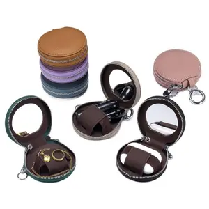 Top Grain Leather Multi-Use Organizer with Mirror for Lipstick, Earbuds & Jewelry, Portable Storage Pouch