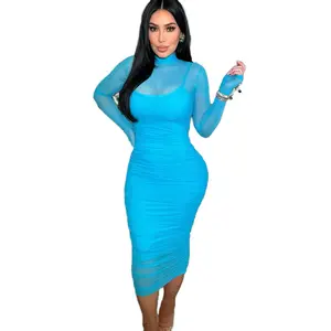 Dashing Sky Blue Midi Mesh Dress Elegant Evening Formal Long Sleeve