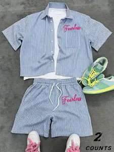 A Vintage, retro-American-style striped short-sleeved shirt and shorts set for men and women, the shirt features a pocket on the left chest, the matching striped shorts have an elastic waistband and side pockets, the design is loose-fitting and casual, pe