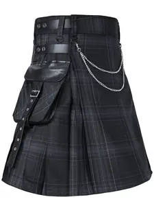 Men Kilt Scottish Pleated Skirt, New Unique Design, Large Leather Pockets, Plaid Pattern, Traditional Festival Wear