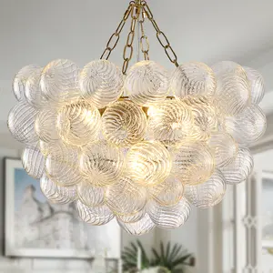 Dia 24" Bubble Chandelier, 5-Light Clear Hand Blown Glass Chandelier Gold Brass Chandeliers for Living Room Globe Ball Modern Chandeliers for Dining Room Foyer Bedroom Entry(G9 LED Bulb Base)
