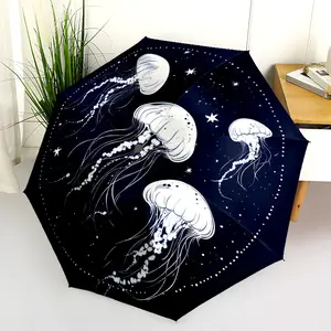 1 PC Automatic Folding Umbrella - Jellyfish in the Night Sky Pattern, Portable & Foldable Design with 8 Ribs, Merry Christmas Pattern,Casual Outdoor Accessory Halloween and Christmas Birthday Gifts. H00193