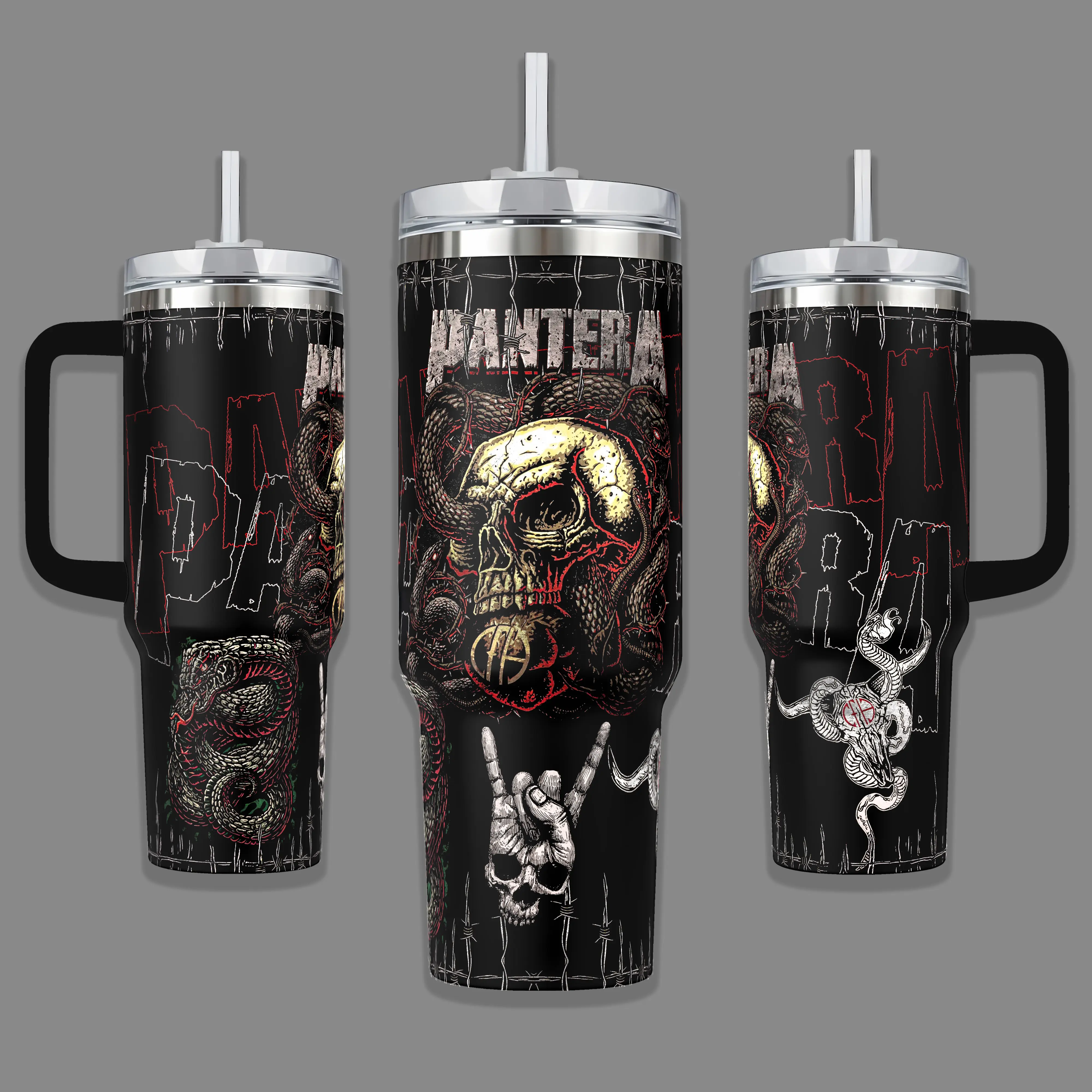 Pantera Skull Snake Heavy Metal Stainless Steel Insulated Travel Tumbler With Handle 20oz 40oz Dark Rock Band Coffee Cup