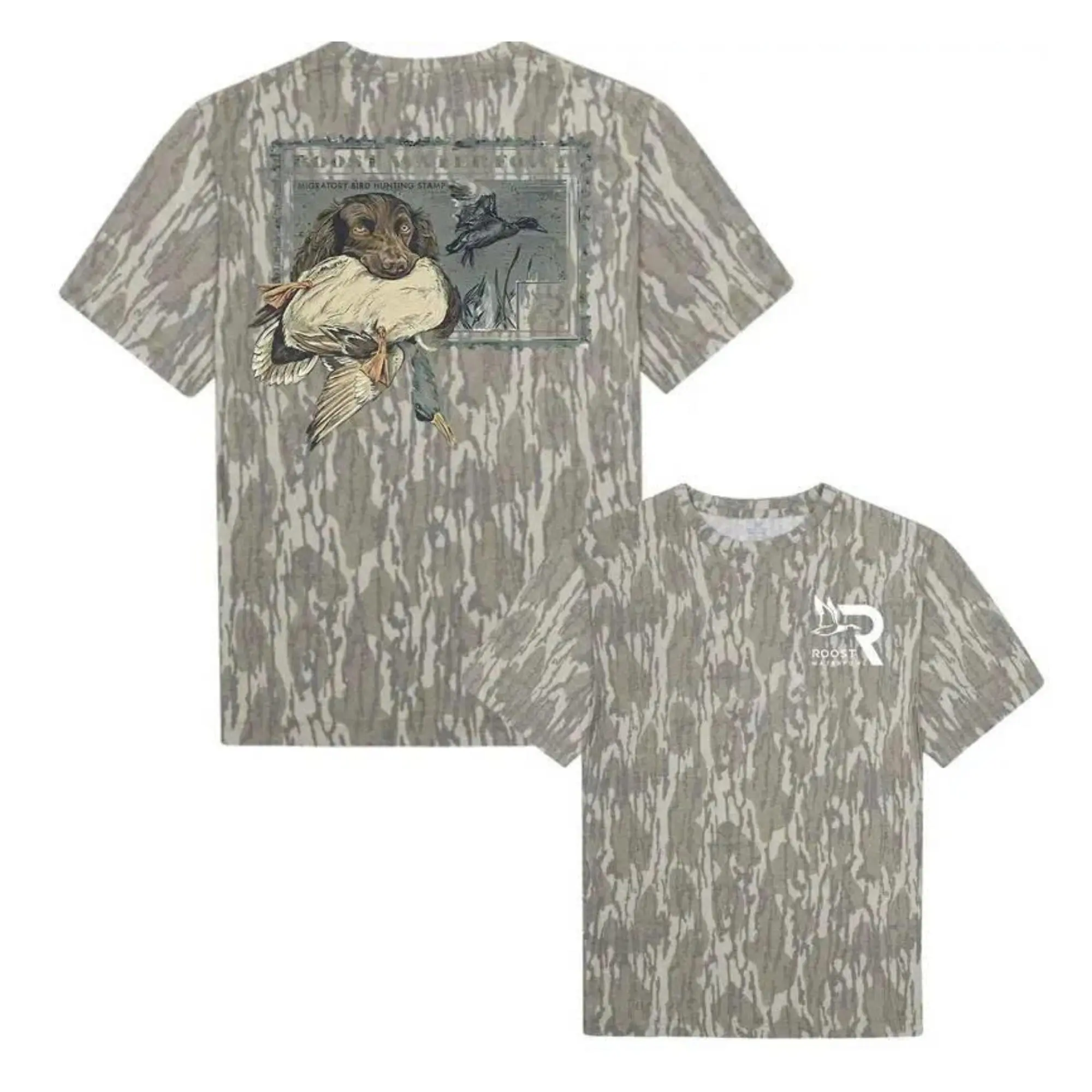 Roost Waterfowl Boykin Stamp Camo Shirt - Mossy Oak Washed Bottomland Mallard Tee- Soft Stretch Cotton, Full Size S-5XL