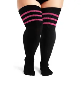 Plus Size Womens Thigh High Socks for Thick Thighs, Striped Over Knee Knit Leg Warmers, Extra Long High Stockings