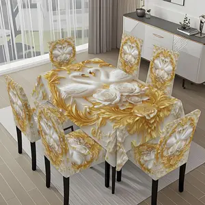 5/7-piece 2D Flat Printing Golden White Embossed Swan Rose Printing Pattern Tablecloth and Chair Cover Set, for dining table and chair decoration, perfect for home, holiday gatherings, restaurants, and parties.