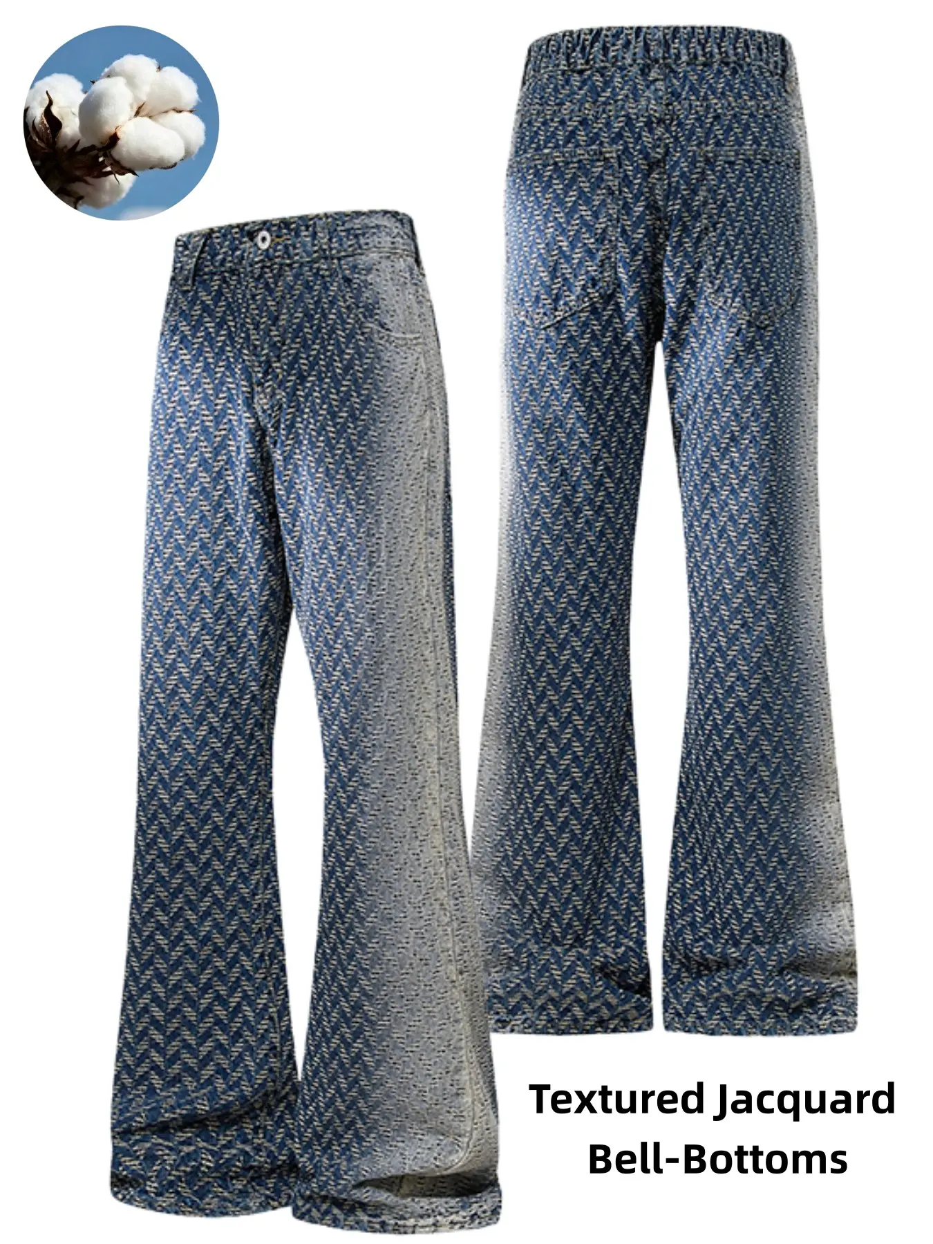 Men's Textured Jacquard Bell‑Bottom Jeans, Gradient Washed Flare Denim Pants, Sturdy Cotton Fabric, Relaxed Fit, For Streetwear Lovers Daily Casual Wear