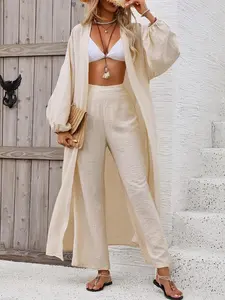 Women's Solid Color Lantern Sleeve Long Open Front Kimono Jacket and Pants Set, Casual Vacation, Perfect for Holidays