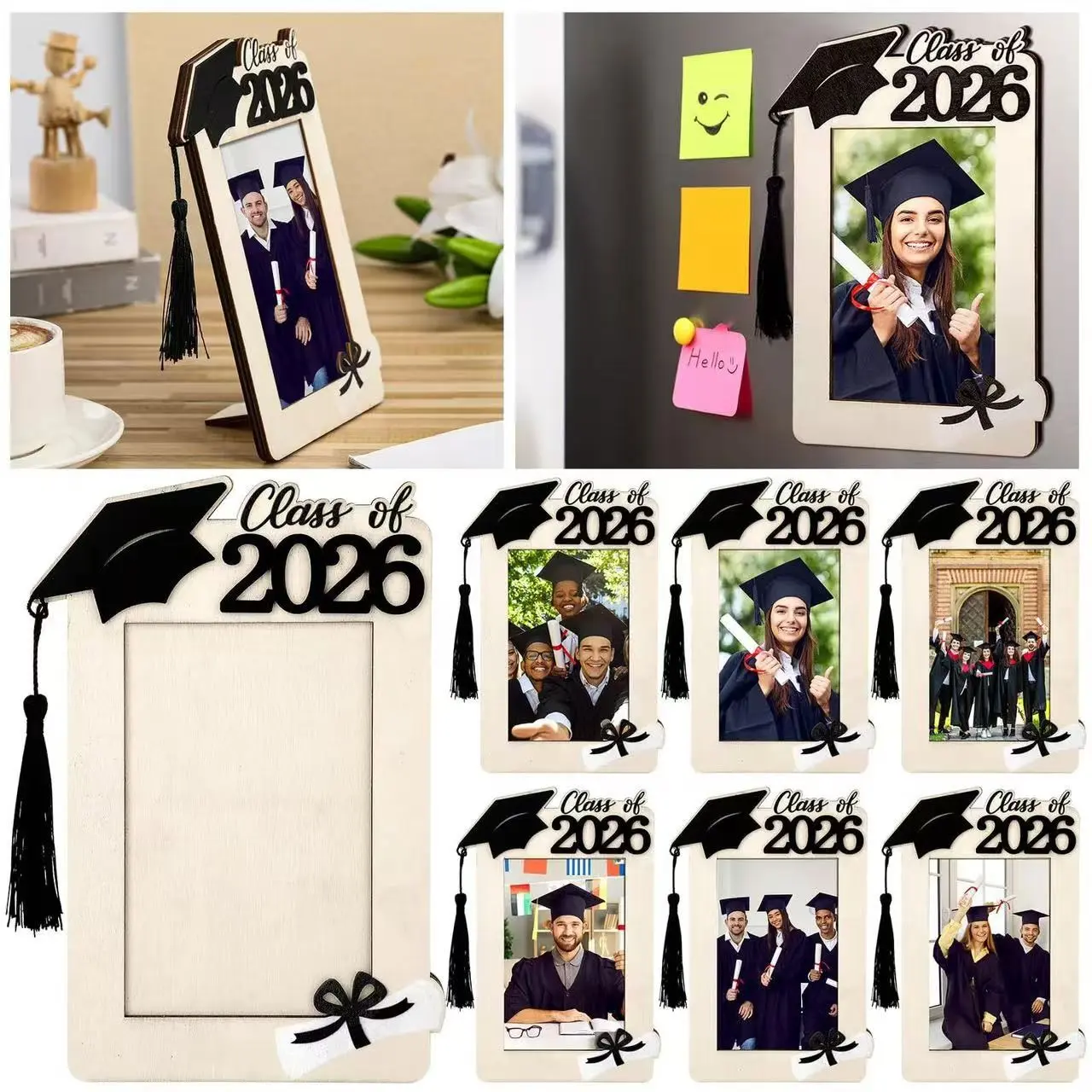 Wooden Graduation Frame 2026, Magnetic Decorative Photo Frame, Wooden Graduate Gift, Memorial Keepsake, Doctor Hat Decoration