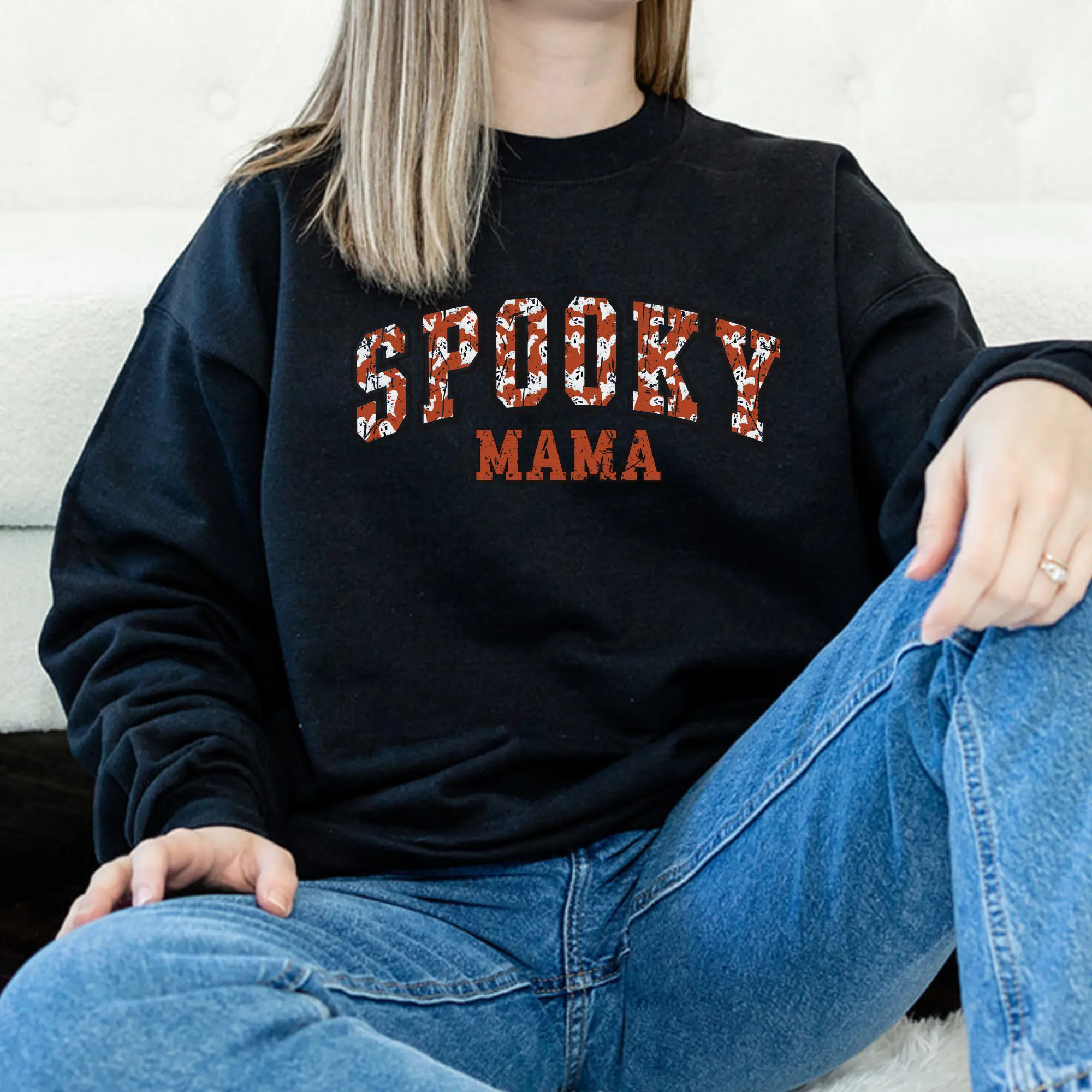 Hanes Comfy Crewneck Sweatshirt for Women - Spooky Mama Black and Orange Halloween and Fall Collection - Pullover, Sweaters Hoodie Round Neck Long Sleeve Womenswear