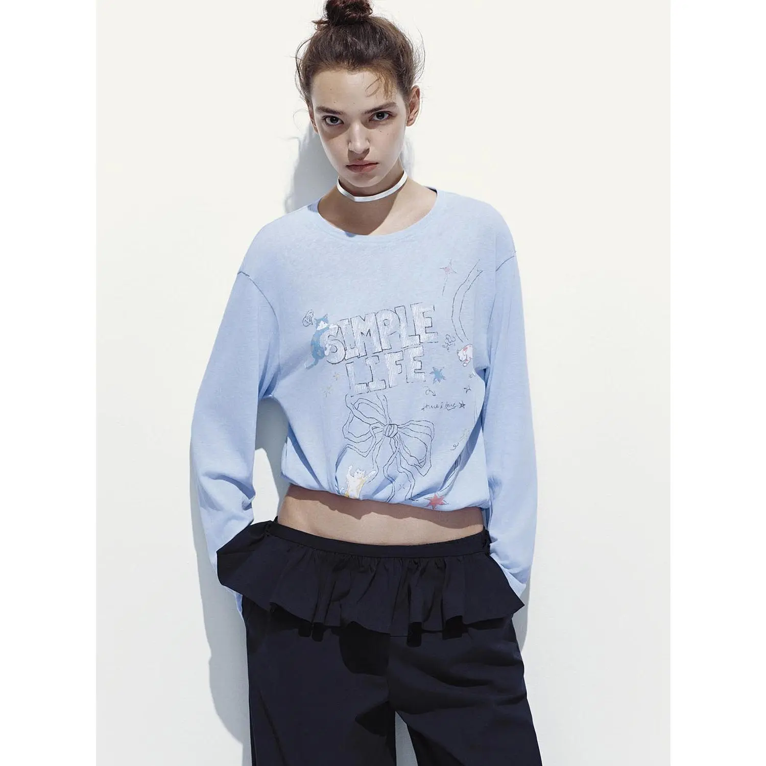 Women's Casual Graphic T-Shirt with a Playful Cartoon Print, Long Sleeve Round Neck Cotton Polyester Blend Pullover Top, Fabric, Tshirt, Longsleeves