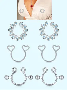 6Pcs Sexy Fake Nipple Ring Heart CZ Nipple Ring Non Piercing Fake Piercing for Women Body Jewelry Cute Decor, Daily Wear Non Piercing Fake Nipple Rings Valentine Gift for Lover