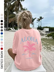 Women's Aloha Coconut Tree Print Round Neck T-Shirt, Casual Loose-Fit Top, Summer Fashion, Ideal for Daily Wear and Outdoor Activities