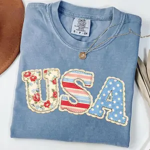 Comfort Colors PRINTED Faux Lace Patchwork USA Floral T-Shirt, Vintage Americana Coquette Tee, Patriotic 4th of July TShirt