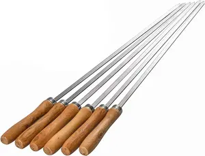 Flat Skewers for Kabobs Stainless Steel Kebab Skewers for Grilling 16.5 Inch Barbecue Skewers with Nonslip Wooden Handle, Set of 6