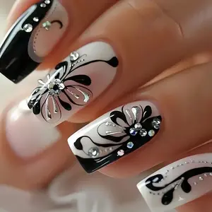 24pcs Wearable Nails, Medium-Long Gothic Square Design, Elegant Rhinestone Decorated, Floral & Rhinestone, Elegant Bold Statement, Perfect for Night Out and Parties