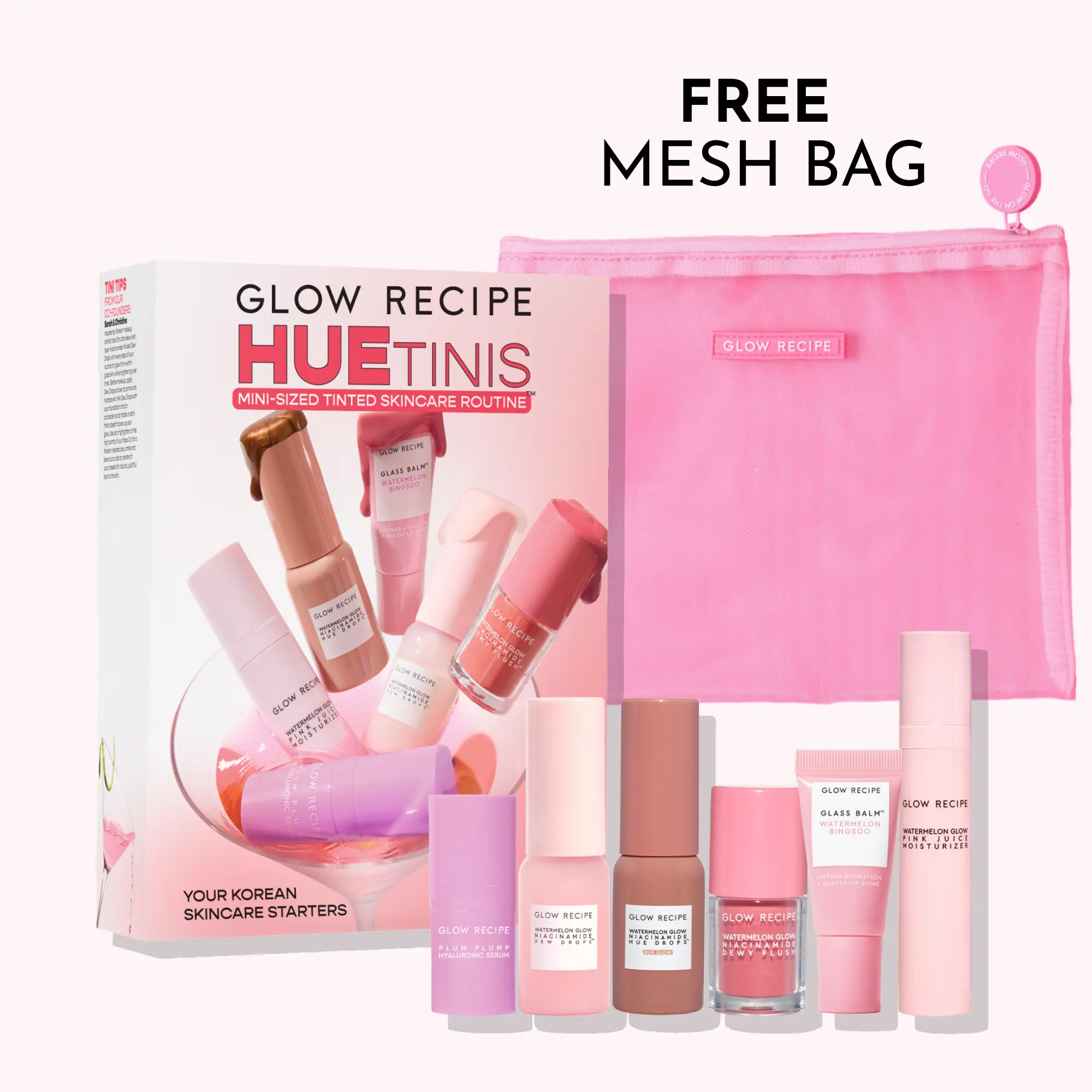 Glow Recipe HueTinis Miniature Makeup Multi-Pack Set - Watermelon Hydrating Serum, Hyaluronic Moisturizer, Hydrate Balm, 12-Hour Dewy Hydration, Brightening Korean Beauty Travel Skin Prep Kit for All Skin Types, Tinted Elements, Cosmetic