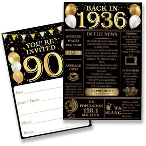 90th Birthday Party Invitations for Women Men - Back in 1936 90 Year Old Birthday Anniversary Invitation Set with 20 Invites and Envelopes