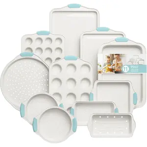 11-  Bakeware Set - Nonstick, Stackable & Oven Safe with Heat-Resistant  Handles - Cookie Sheet, Cake Pan, Muffin Mold, Pizza Tray & Bread Loaf Dish, White & Sky Blue