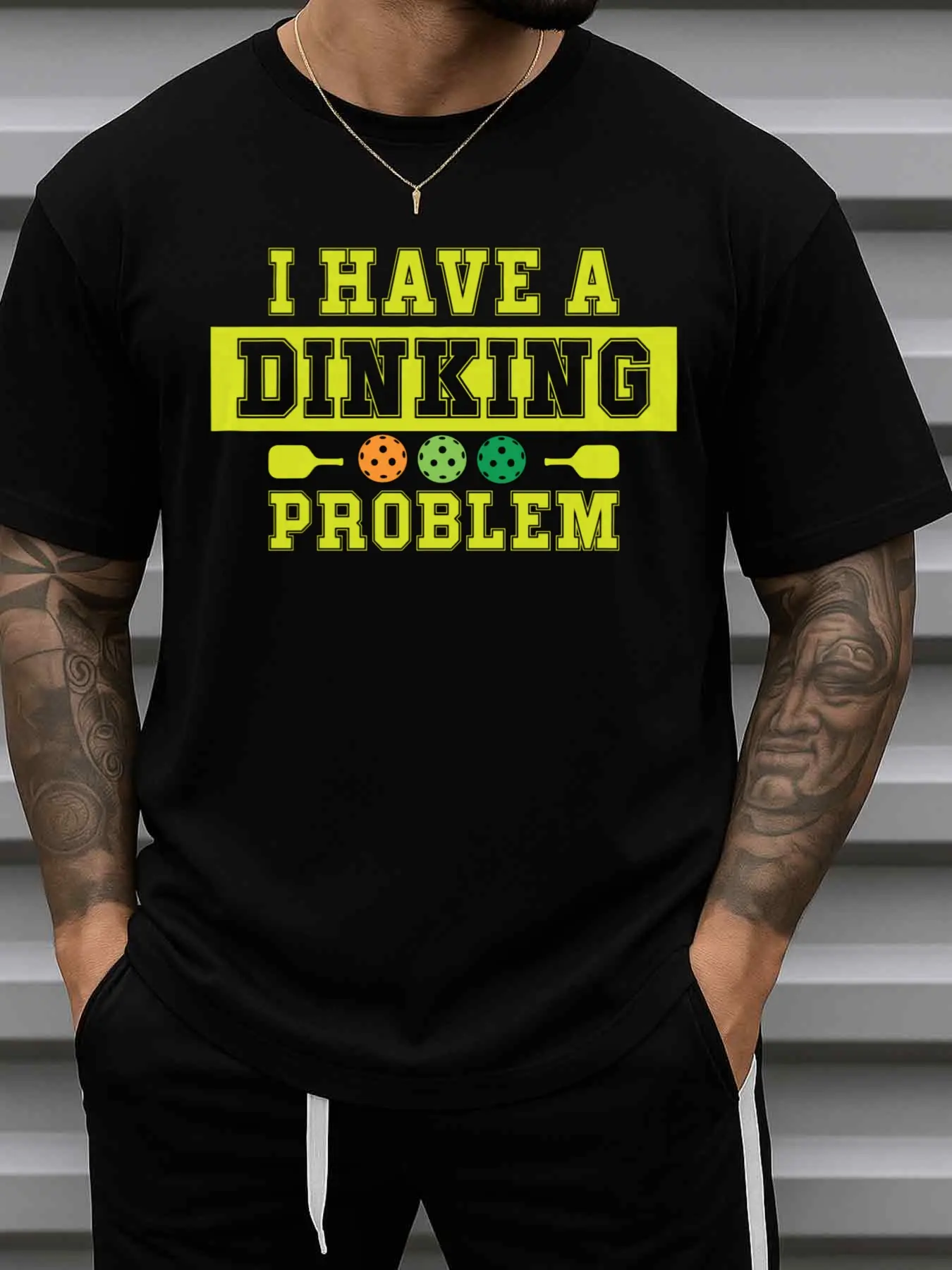 Pickleball Dinkin' Problem Funny Humor Print T-Shirts Men 180G  Black Comfortable Loose And Fashionable T-Shirt, Spring And Summer Men'S Clothing Everyday And Weekend Wear Wife Vintage Christmas Gifts