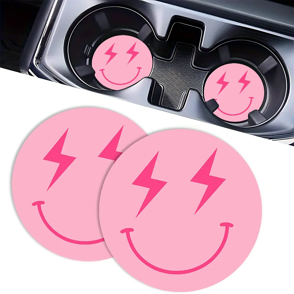 2pc Preppy Pink Smiley Face Car Cup Holder Coasters, Cute Lightning Bolt Smiley Car Coasters, Absorbent Rubber Anti-Slip Auto Cup Mat, Trendy Y2K Car Interior Decor Girl Gift