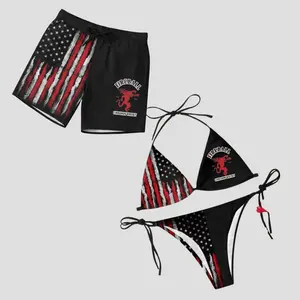 Fireball Whiskey American Flag Patriotic 4th of July Matching Couples Swimwear Set with Iconic Beverage Graphics Adjustable Womens Tie Side Thong Bikini & Mens Beach Swim Shorts Hawaiian Style Summer Vacation Beachwear