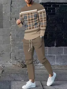 Casual 2pcs Set, Men's Retro Plaid Crew Neck Sweatshirt & Joggers Matching Set Striped Casual Fabric Knit