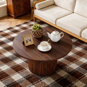 Round Coffee Table with Storage, 27.5IN Minimalist Fluted Coffee Table Circle Wood Center Table for Living Room ，Walnut Coffee Table