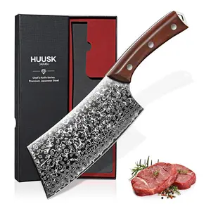 Huusk Meat Cleaver Knife Japanese Kitchen Knife 6.4 Inch, Hand Forged Butcher Knife for Meat Cutting, Vegetable Chopping Knife High Carbon Steel Damascus Pattern Chef Knife Cooking Gift for Men Women