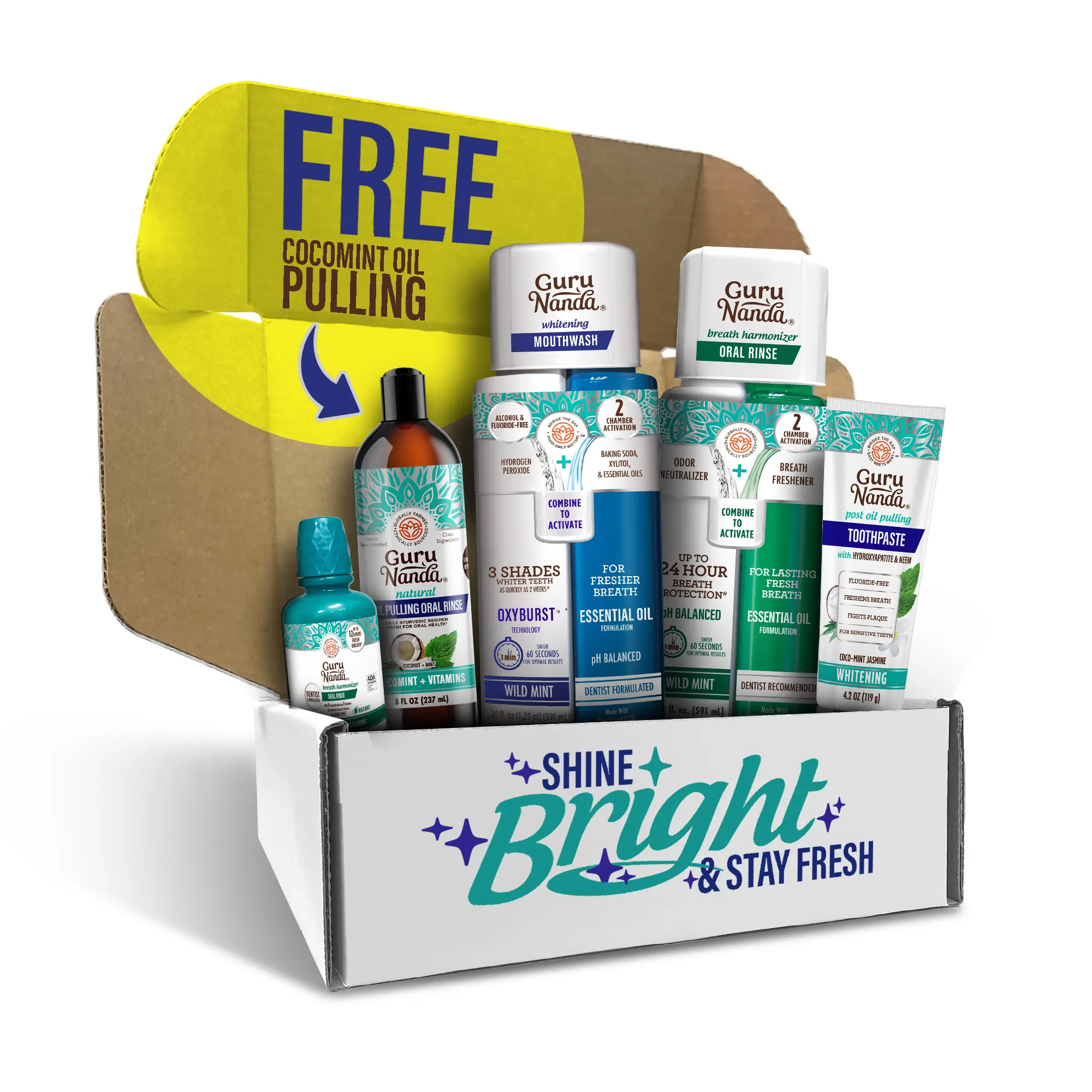 Shine Bright Stay Fresh - Toothpaste + Dual Barrel Whitening & Breath Harmonizer Mouthwash + Oral Rinse + Cocomint Pulling Oil + Dual Thread Floss Shine Bright Stay Fresh - Toothpaste + Dual Barrel Whitening & Breath Harmonizer Mouthwash + Oral Rinse + Cocomint Pulling Oil + Dual Thread Floss