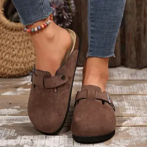 Women's Suede Clogs Slip on Mules Cork Footbed Potato Shoes Comfort Closed Toe Sandals with Adjustable Buckle