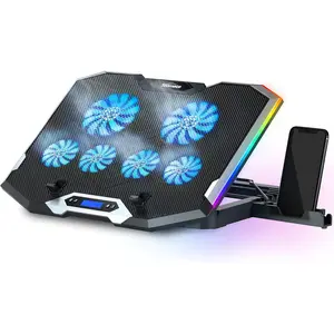 C11 Laptop Cooling Pad RGB Gaming Notebook Cooler, Laptop Fan Stand Adjustable Height with 6 Quiet Fans and Phone Holder,  Chill Mat, for 15.6-17.3 Inch Laptops - Blue LED Light