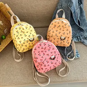 Cherry Print Mini Backpack for Girls, Casual Floral Shoulder Bag with Zipper Closure, Foldable, Adjustable Strap, Polyester Lined, Hand Wash/Dry Clean, Urban Style, Random Print - Pink, Yellow, Orange Red