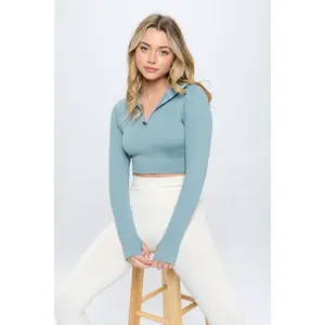 Seamless Half Zip Thumb Holes Crop Top Sport Top
